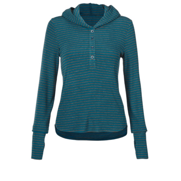 CAbi Riff Hoodie Womens L Blue Gray Striped Long Sleeve Henley Ribbed 4191 - Picture 2 of 6